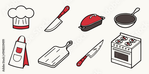 a collection of kitchen utensils and appliances for cooking Vector