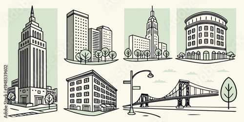 a collection of city buildings and street lamps Vector