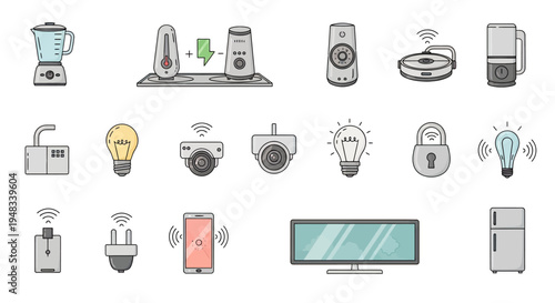 Collection of smart home devices and appliances, including appliances, security, and connectivity icons