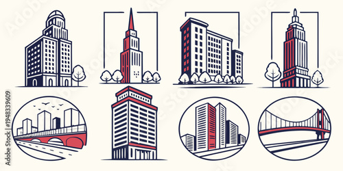 a collection of city skylines and buildings Vector