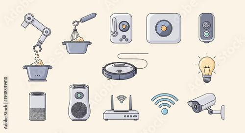 Flat illustration of assorted smart home devices and robotic automation elements
