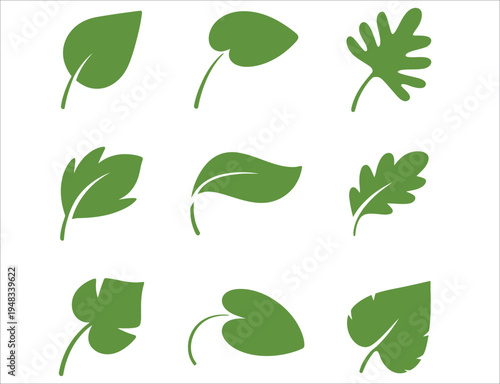 A curated set of diverse green leaf icons in silhouette, isolated on a clean white background. Ideal for natural, eco-friendly, or botanical design projects.
