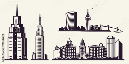 illustration of various city skylines with notable buildings Vector