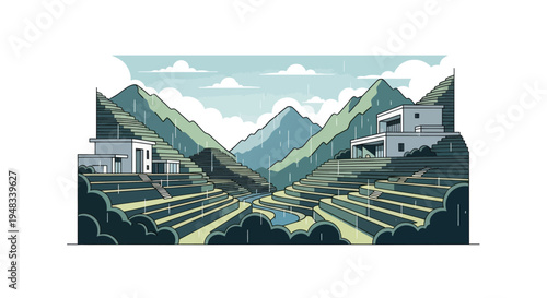 Modern structures nestled in terraced hillsides amidst a gentle rain
