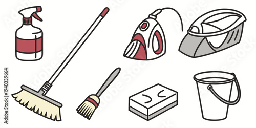 a collection of cleaning supplies and tools Vector