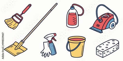 collection of cleaning supplies and tools Vector