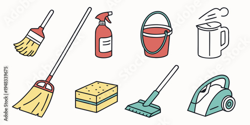 a collection of cleaning supplies and tools Vector