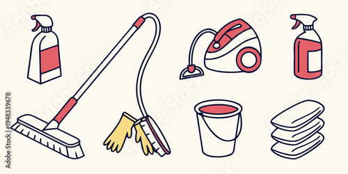 a collection of cleaning supplies and tools Vector