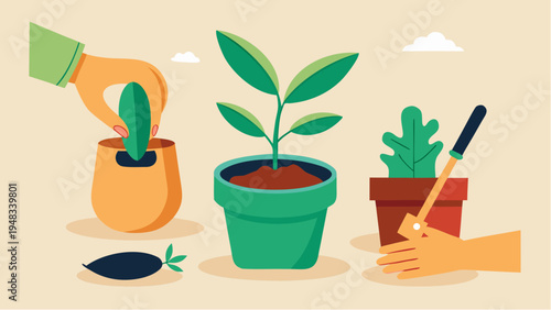 Hands planting houseplants in pots with soil and gardening tools home gardening concept flat illustration