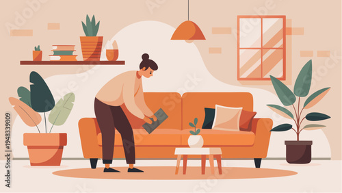 Woman cleaning living room arranging pillows on sofa in cozy home interior with plants and furniture illustration