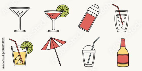 a collection of eight different cocktail drinks and glasses Vector