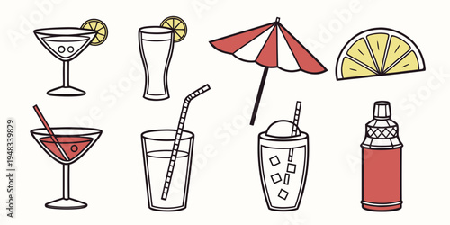 a set of colorful cocktail icons with umbrellas and glasses Vector