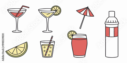 a set of cocktail icons with umbrella and lemon Vector