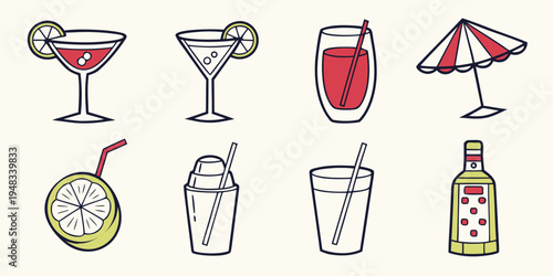 a collection of cocktail icons with umbrella and bottle Vector