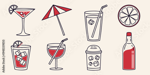 a collection of summer drinks and glasses Vector