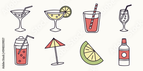 a collection of cocktail icons with glasses and ingredients Vector
