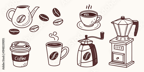 a collection of coffee related items and coffee beans Vector