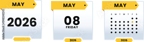 May 08 2026 Friday Calendar Icon Set Highlighting Specific Weekday Date with Monthly Grid View and Yearly Planner Graphic Elements for Digital Scheduling and Events