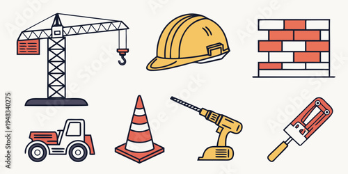 construction icons including crane, hard hat, and tools Vector