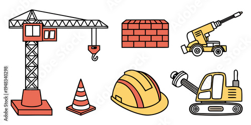 construction icons including crane, drill, and safety gear Vector