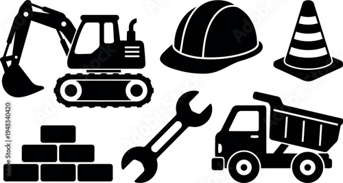 Vector art set of construction machinery helmet traffic cone bricks and wrench in black silhouette style