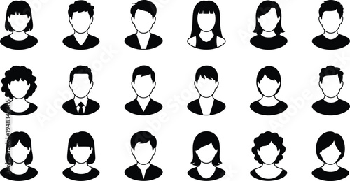 Black silhouette icons of twenty diverse human faces with different hairstyles and outlines, symbolizing identity, diversity, avatars, and demographic representation for design projects