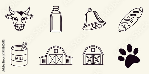 farm icons including cow head milk bottle bell corn barn and milk can Vector