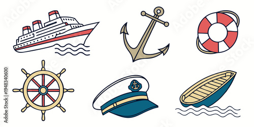 a collection of nautical icons including a ship and boat Vector