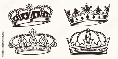 four different royal crowns in black and white Vector