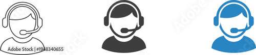 Black, blue, and outlined customer service representative icons with headsets, symbolizing support, communication, call center, and technical assistance for modern business and design projects.