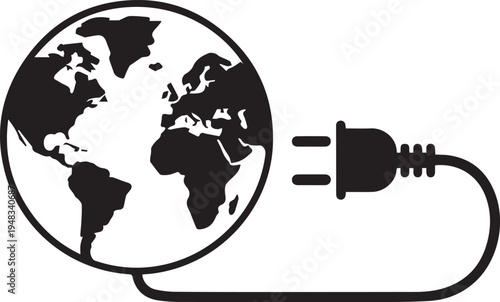 Global energy connection icon showing earth plugged into electrical power source representing worldwide electricity supply and sustainable power access