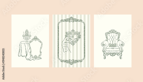 A set of postcard templates featuring vintage holiday illustrations of Victorian interiors. A collection of wedding invitations in the Rococo and Baroque styles. Antique classic furniture. Hand-drawn