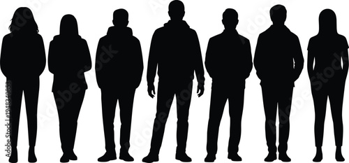 Silhouettes of diverse individuals standing side by side in varied postures and clothing styles, symbolizing diversity, equality, teamwork, collaboration, and modern human representation.