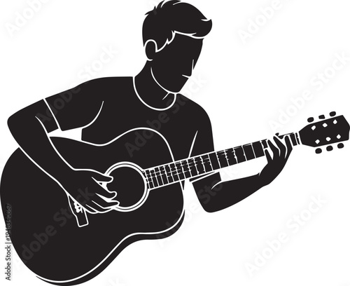 Silhouette musician playing acoustic guitar on white background, concept of music performance and creativity.