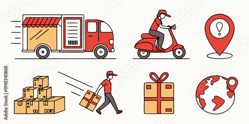 delivery icons with truck scooter boxes and globe Vector