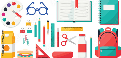School supplies vector collection, backpack notebook ruler scissors pencils paint palette lunch box stationery items, education classroom equipment illustration isolated