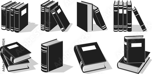 Set of black book icons, stacked books, standing books, leaning books, hardcover volumes, library literature collection, reading education concept vector illustration isolated