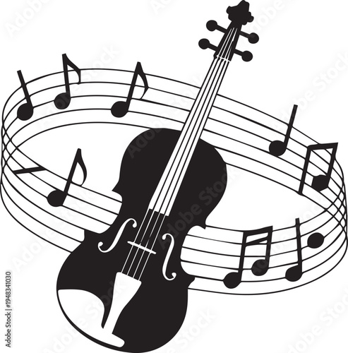 Silhouette of violin with musical staff and notes circling instrument body on white background representing classical symphony performance