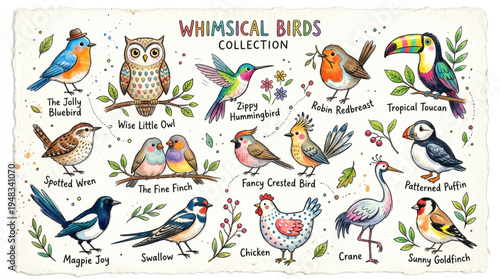 Whimsical Bird Collection Hand Drawn Watercolor Style Colorful Avian Character Illustration Set