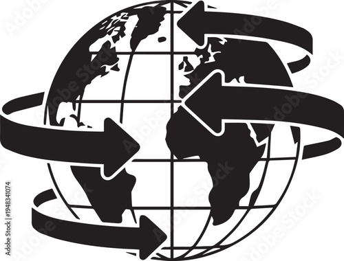 Stylized globe with circling arrows representing global logistics international trade shipping routes and circular economy sustainability