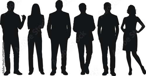 Silhouettes of business professionals standing in a row with varied postures and formal attire, symbolizing teamwork, diversity, corporate unity, collaboration, and modern workplace identity.