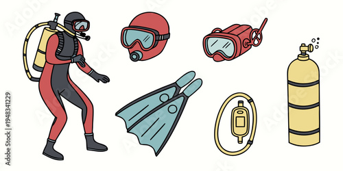 scuba diver with equipment on white background Vector
