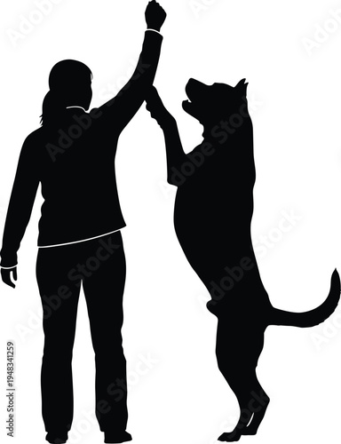 Woman giving high five to dog silhouette isolated on white background, pet training success concept, female owner and obedient canine vector illustration