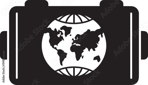 World globe icon placed inside a camera body frame representing international photography global journalism and travel documentation concept
