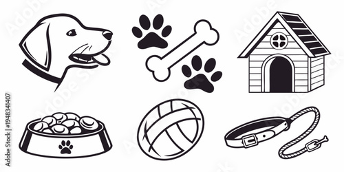 black and white dog icons and accessories Vector