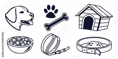 black and white line drawing of dog related items Vector