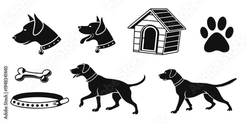 black dog icons and doghouse with bone and bowl Vector