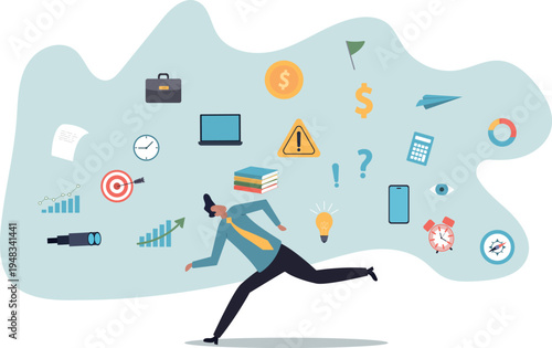 Information overload, excess distraction or overworked, overwhelmed data consume, problem with schedule or workload.human life and situation.