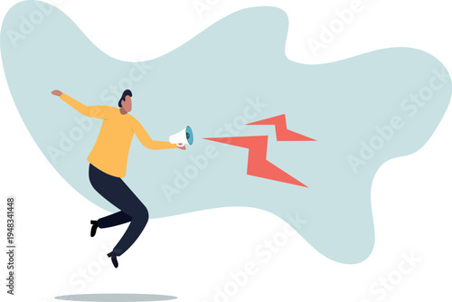 Business shout out, speaking out loud to communicate with co-worker or draw attention and announce promotion.human life and situation.