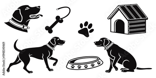 a group of dog related items including a dog house Vector
